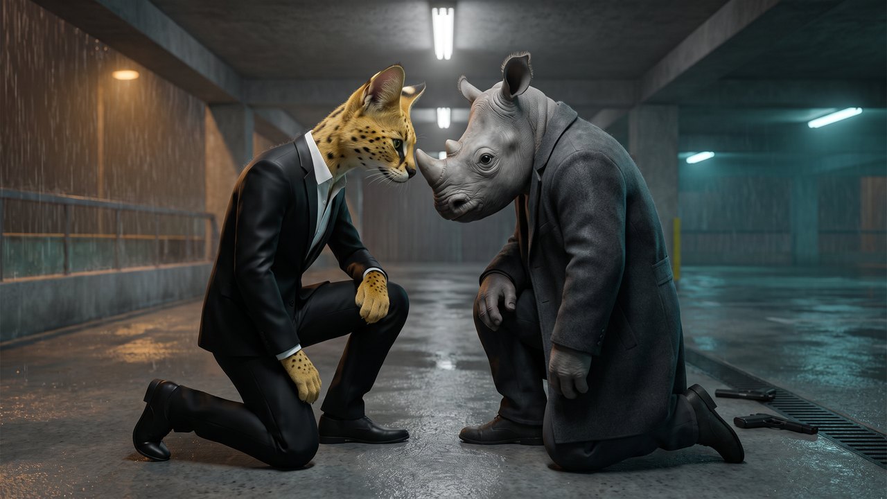Aven and the rhino in human shape, in a black suit and a gray coat, kneeling forehead to forehead on the wet floor of a parking garage